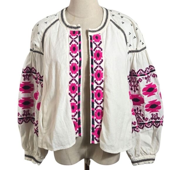 Free People Embroidered Boho White and Pink Jacket - Picture 3 of 9